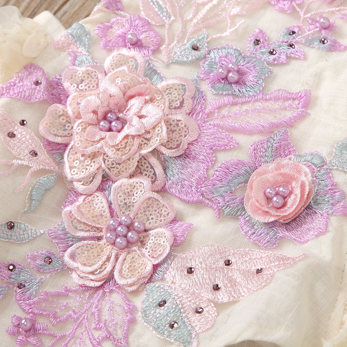 Baby Girl Floral Embroidered Romper with Lace Skirt Overlay