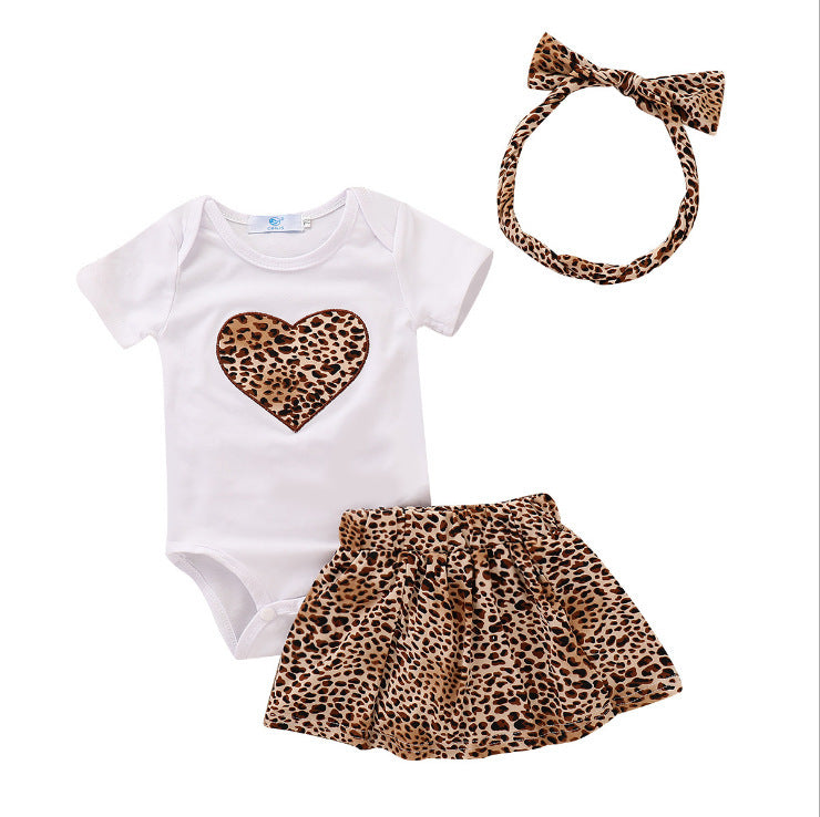 Leopard Heart Baby Romper Set with Skirt & Headband