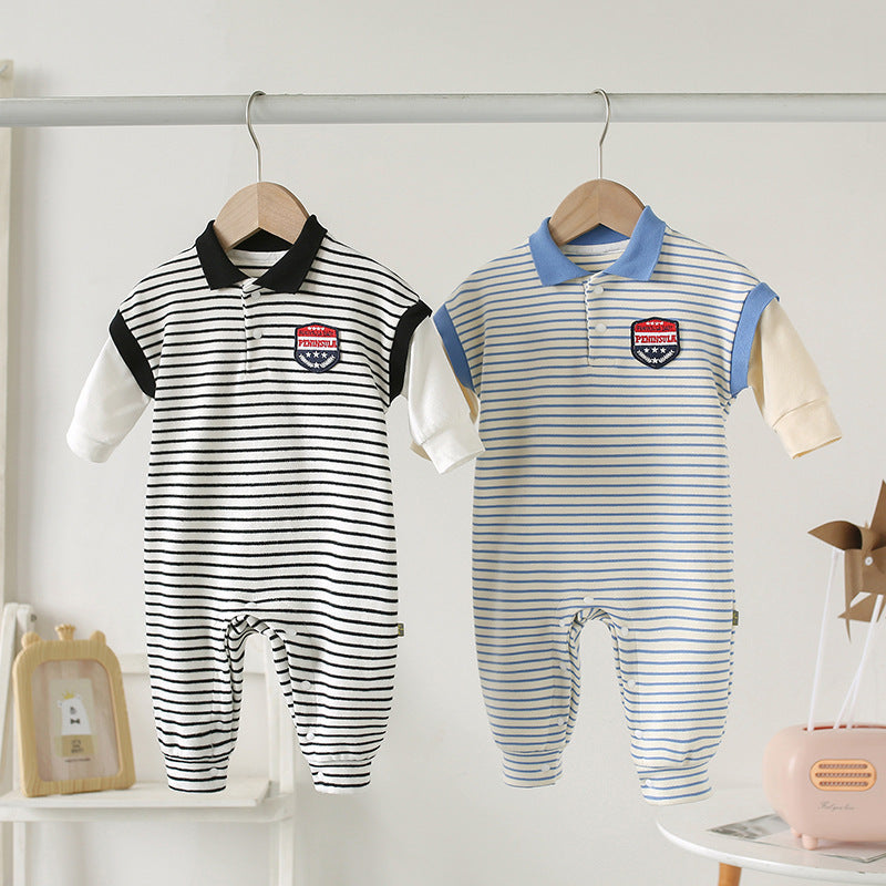 Striped Polo Baby Romper | 2 Colors - Black & Blue | Casual Cotton Onesie