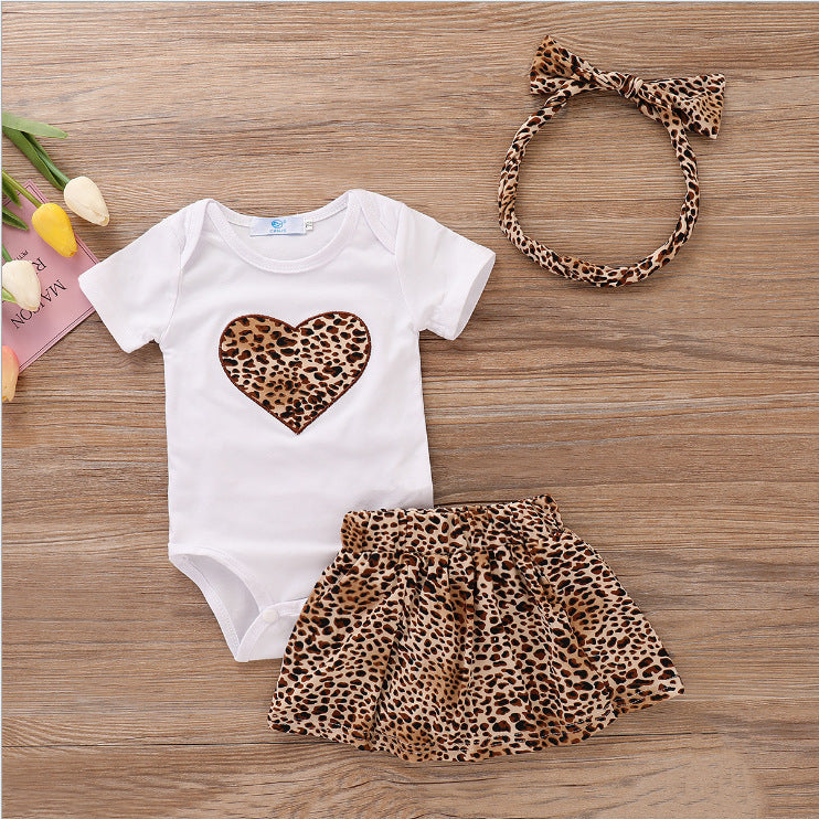 Leopard Heart Baby Romper Set with Skirt & Headband