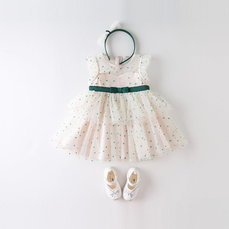 Baby Girl Summer Polka Dot Tulle Dress with Green Bow & Hairband