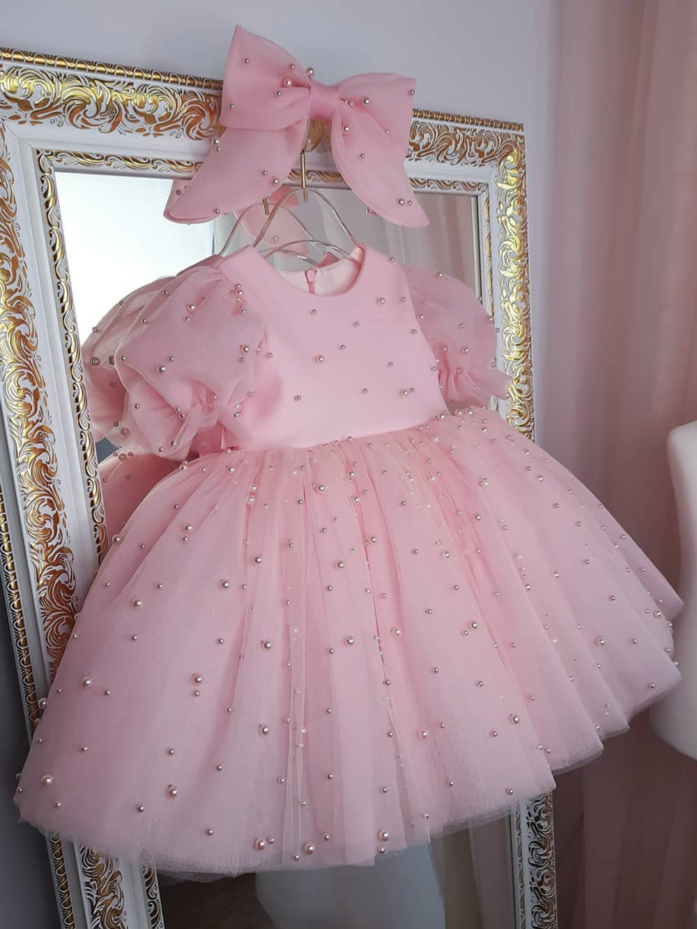 Girls’ Pink Beaded Tulle Princess Dress with Puffy Sleeves