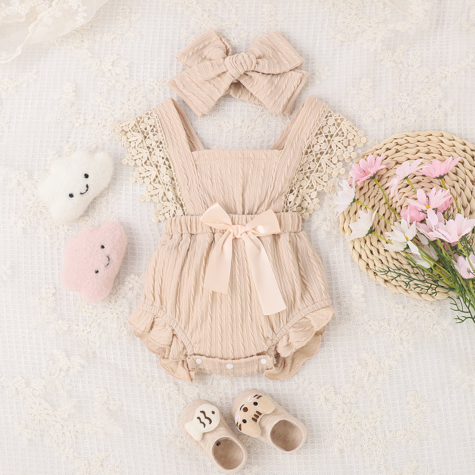 Baby Girl Summer Romper - Sleeveless Cotton with Lace and Bow
