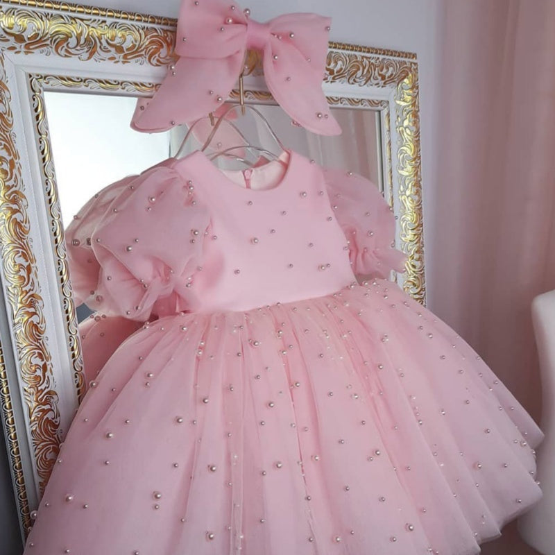 Girls’ Pink Beaded Tulle Princess Dress with Puffy Sleeves