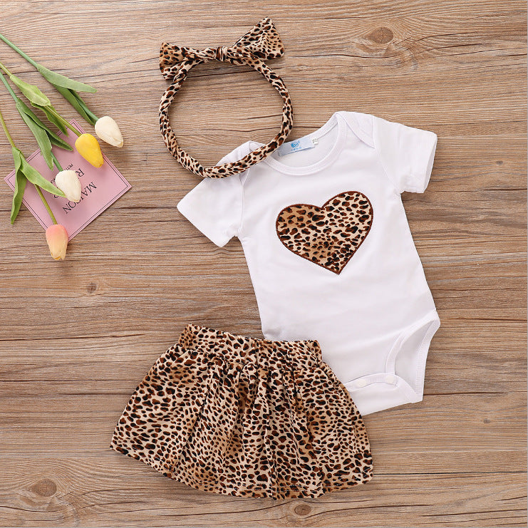 Leopard Heart Baby Romper Set with Skirt & Headband