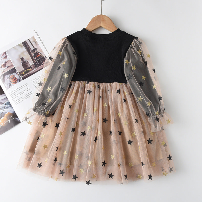 Girls’ Star Mesh Party Dress with Crown