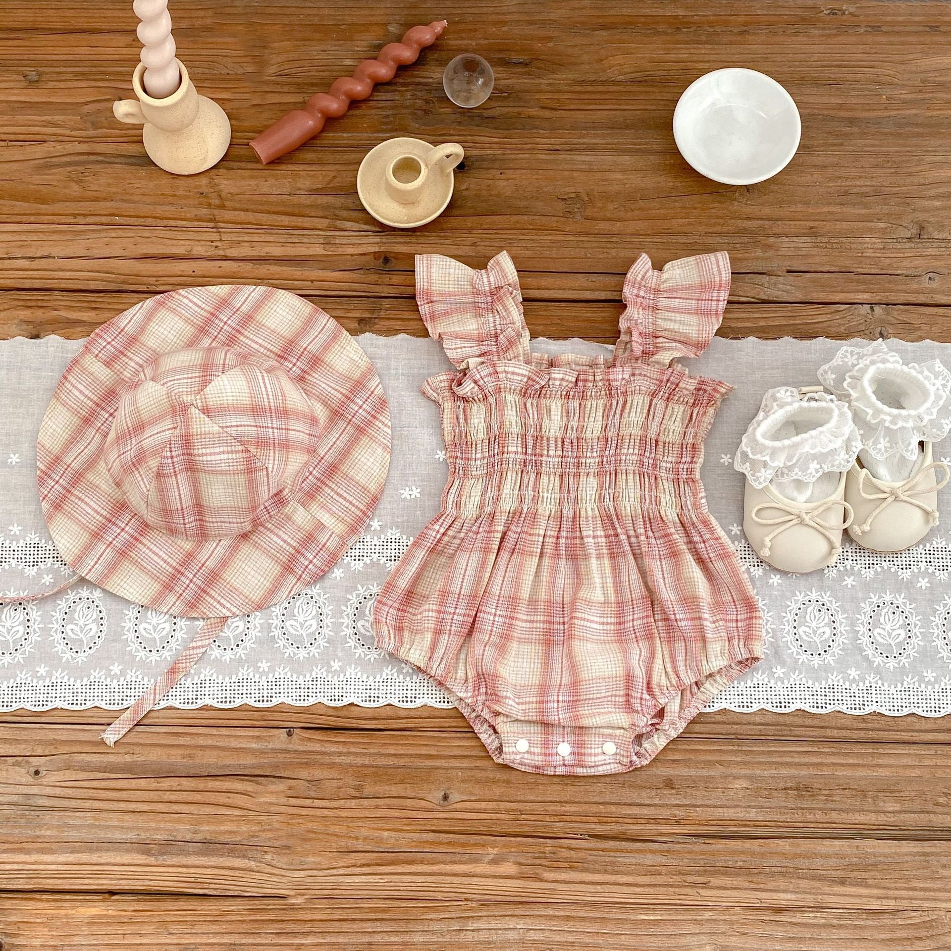 Baby Girl Summer Romper + Free Matching Hat | Plaid Design