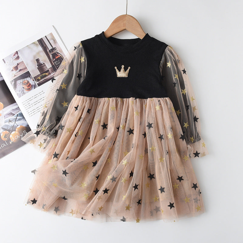 Girls’ Star Mesh Party Dress with Crown