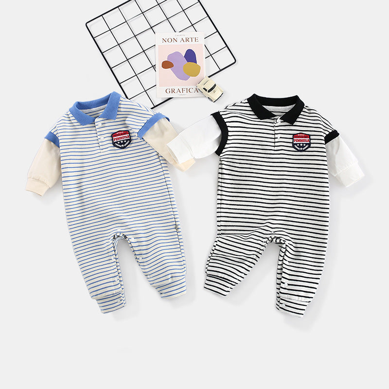 Striped Polo Baby Romper | 2 Colors - Black & Blue | Casual Cotton Onesie