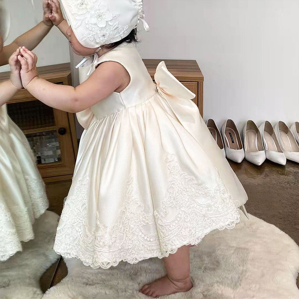 Pure Color Girls Dress Dress Long Bow Princess Dress