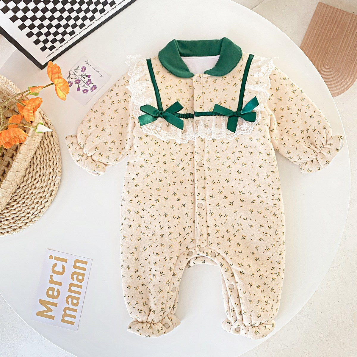 Warm Baby Girl Cotton Romper - Long Sleeve with Elegant Lace