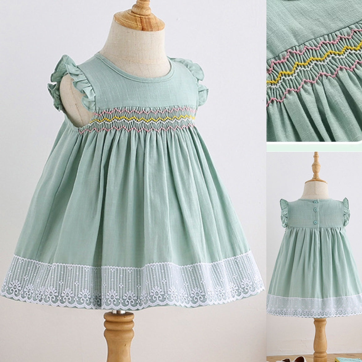 Baby Girl Smocked Cotton Dress with Lace Trim