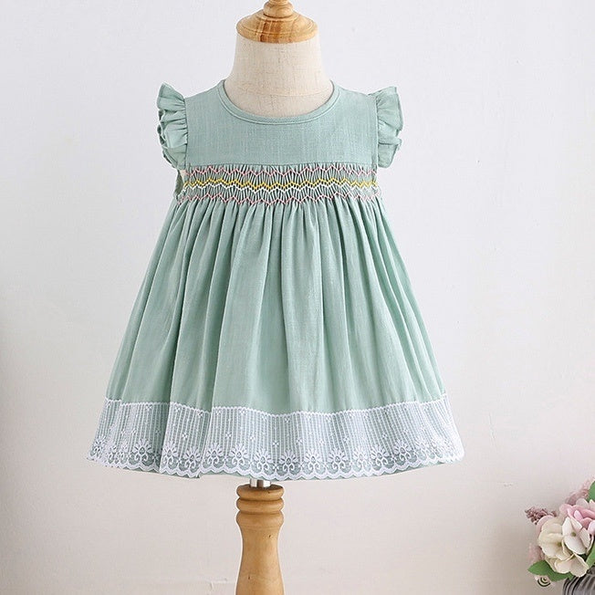 Baby Girl Smocked Cotton Dress with Lace Trim
