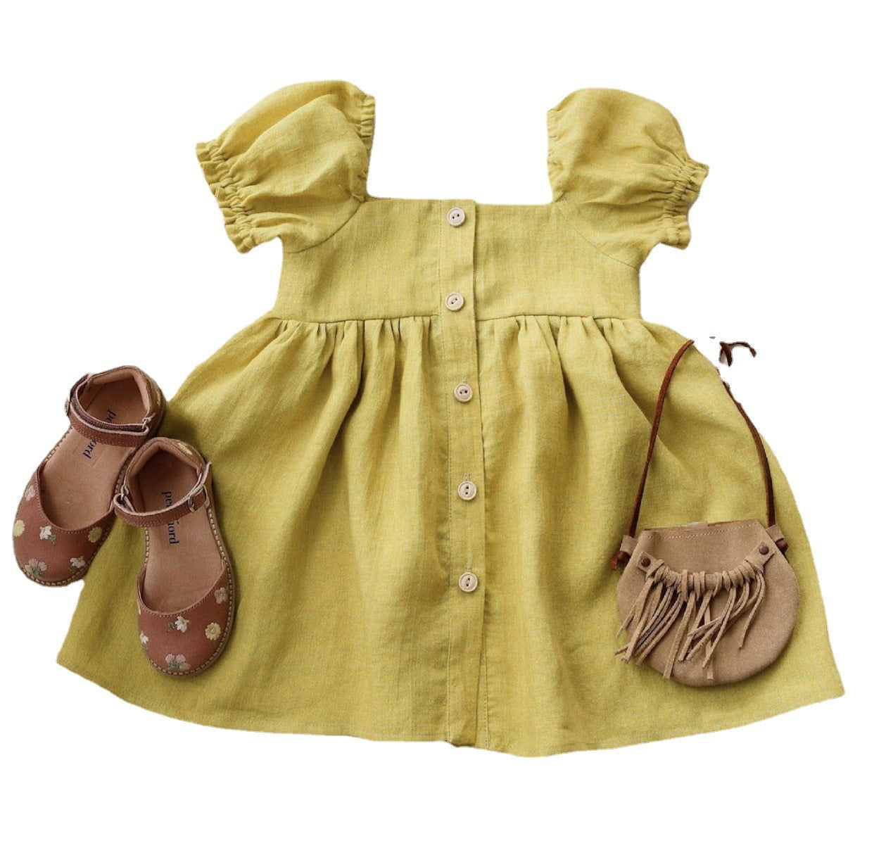 Girls’ Linen Puff Sleeve Summer Dress - Button Front