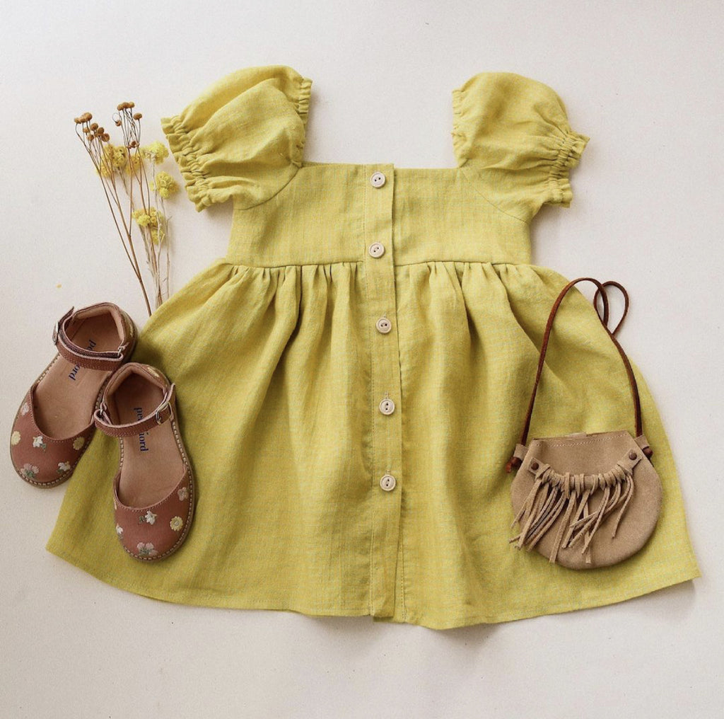 Girls’ Linen Puff Sleeve Summer Dress - Button Front