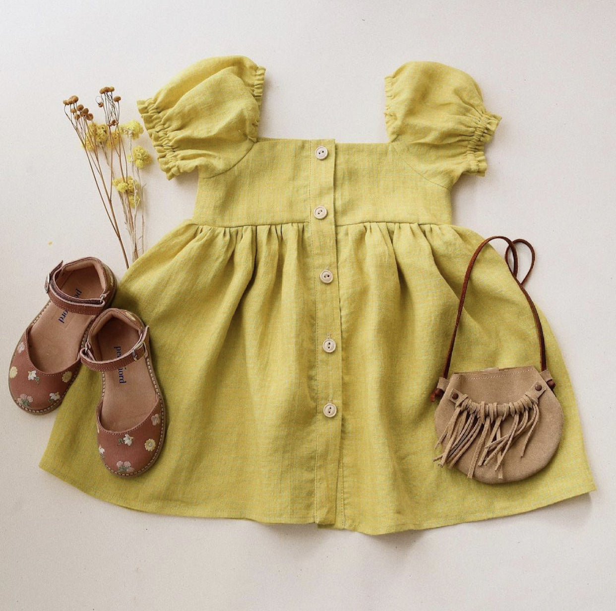Girls’ Linen Puff Sleeve Summer Dress - Button Front