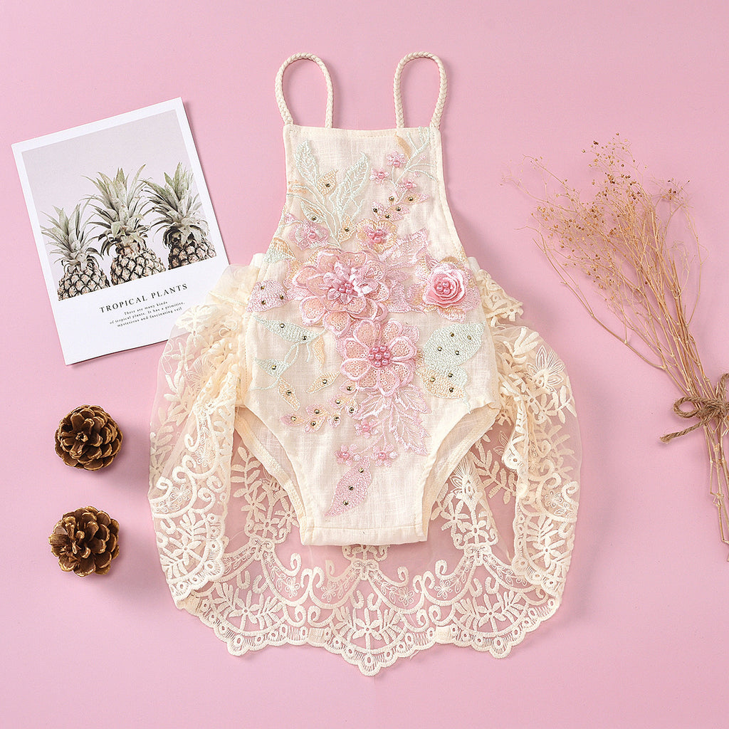 Baby Girl Floral Embroidered Romper with Lace Skirt Overlay