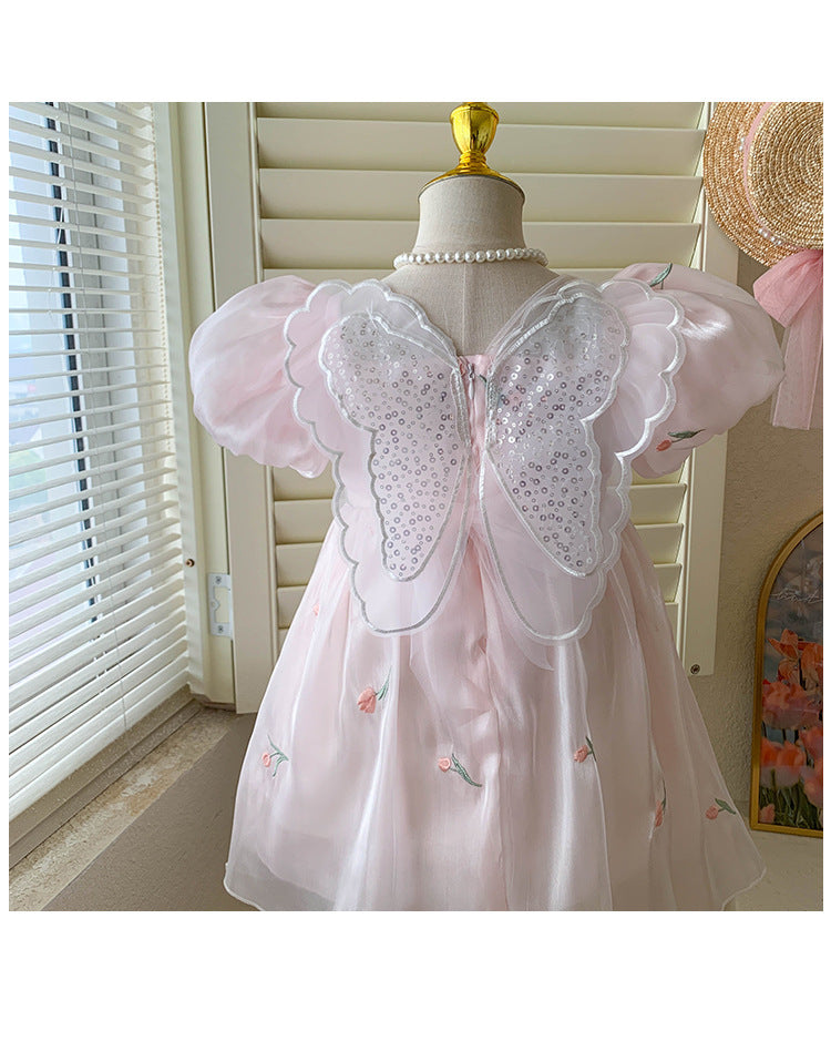 Girls' Sweet Three-dimensional Sequin Wings Embroidered Dress