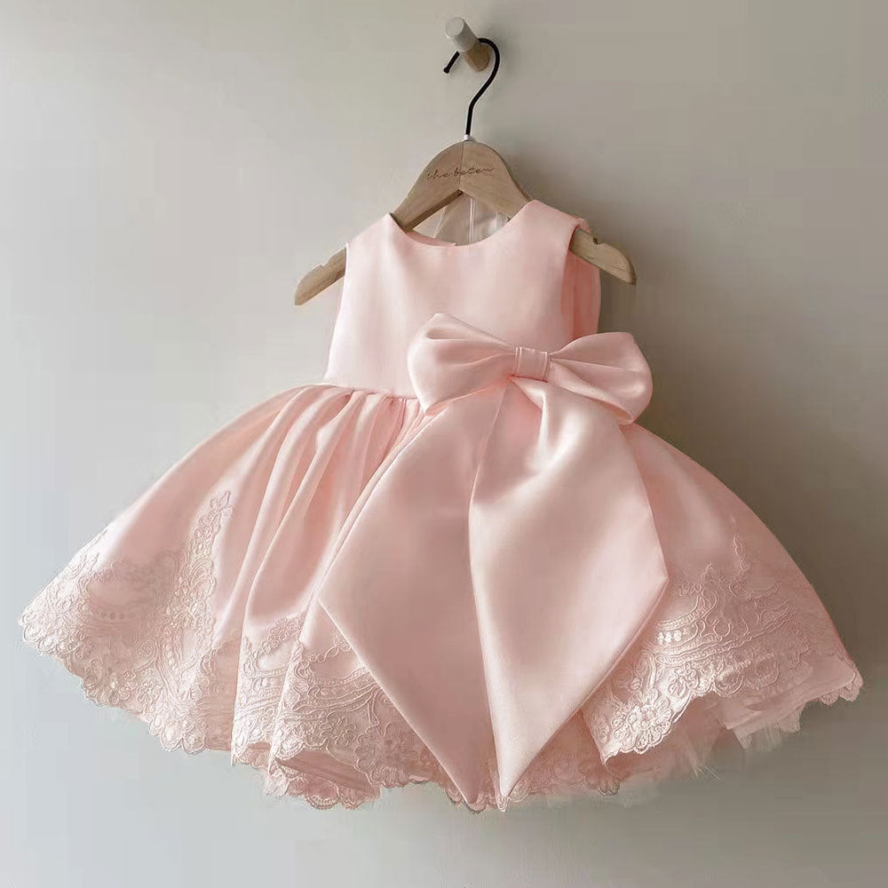 Pure Color Girls Dress Dress Long Bow Princess Dress