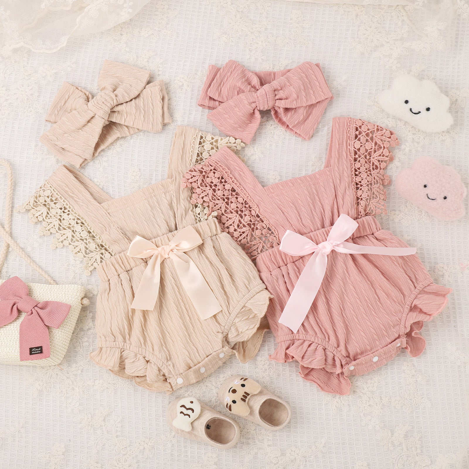 Baby Girl Summer Romper - Sleeveless Cotton with Lace and Bow