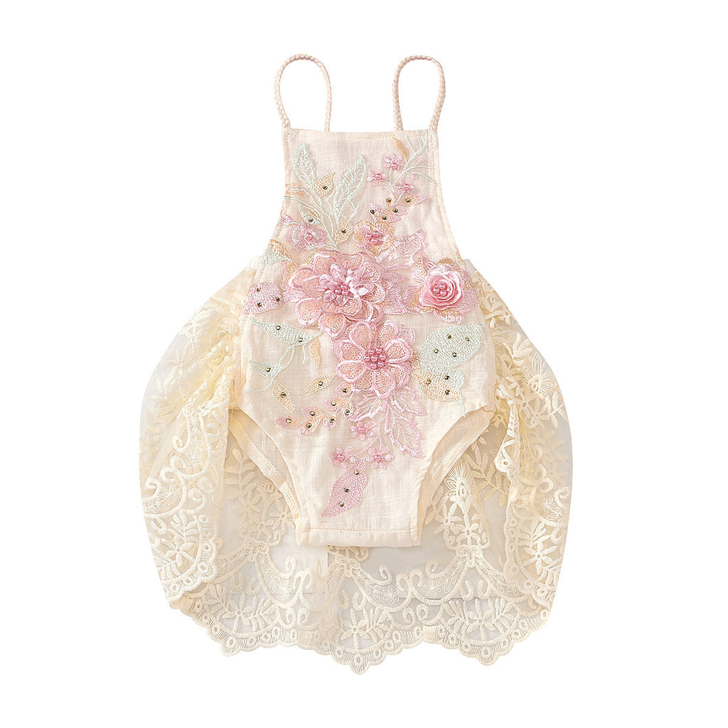 Baby Girl Floral Embroidered Romper with Lace Skirt Overlay