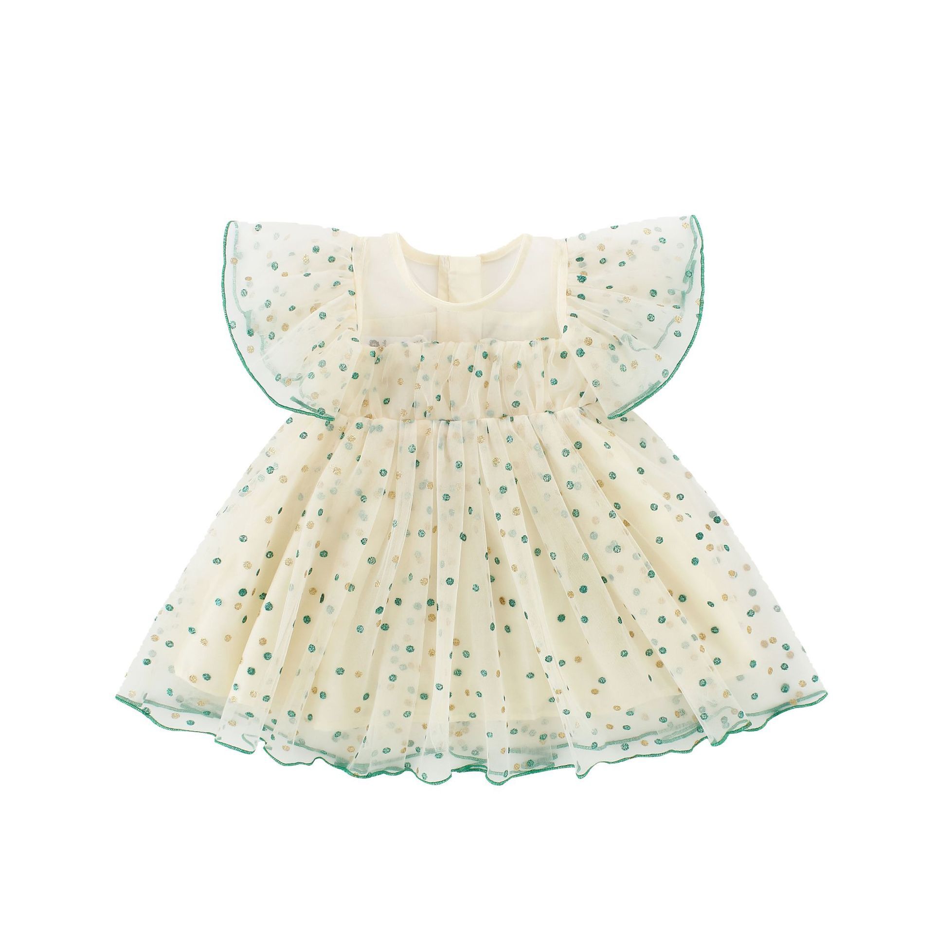 Girls’ Polka Dot Tulle Party Dress with Green Piping