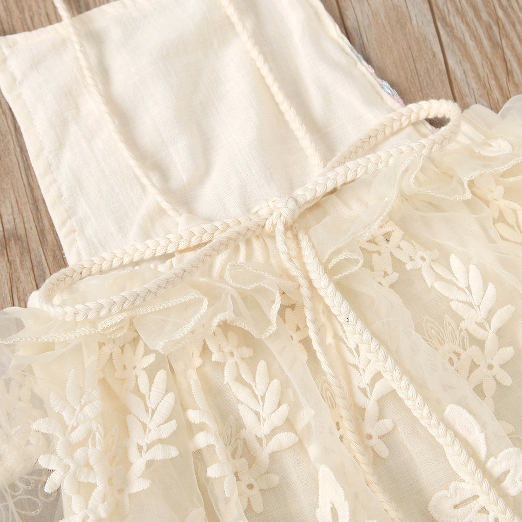 Baby Girl Floral Embroidered Romper with Lace Skirt Overlay