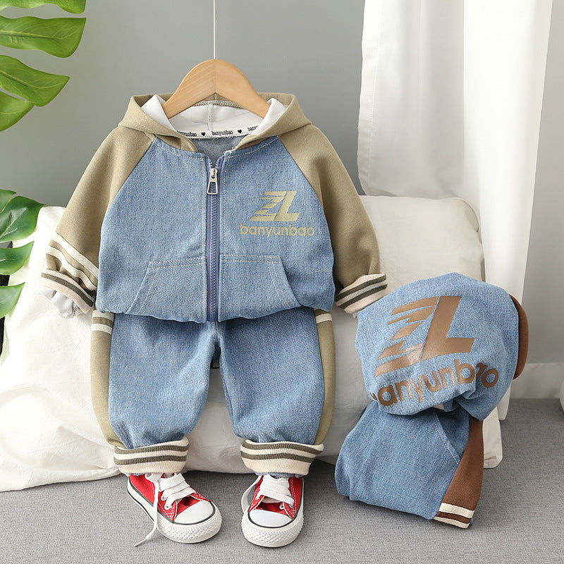 Boys’ Denim & Hoodie Two-Piece Set - Casual Autumn Outfit