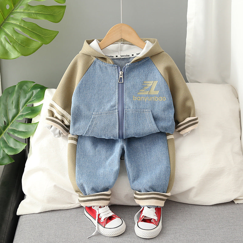 Boys’ Denim & Hoodie Two-Piece Set - Casual Autumn Outfit