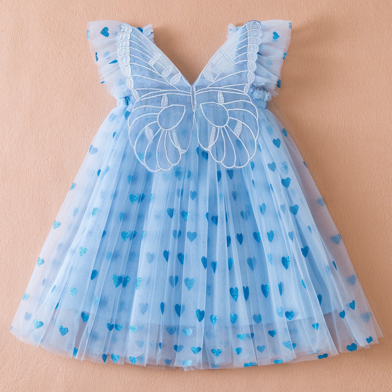 Blue Butterfly Wings Tulle Dress for Girls with Heart Prints