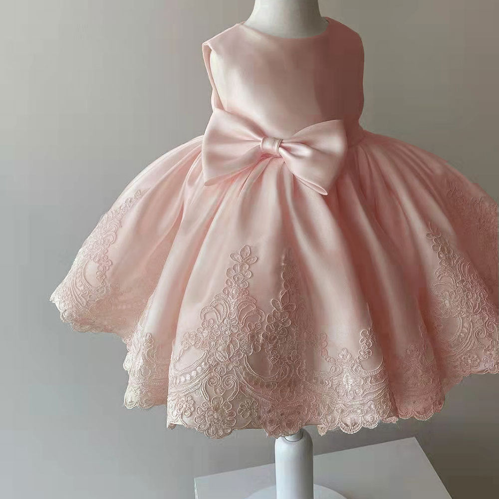 Pure Color Girls Dress Dress Long Bow Princess Dress