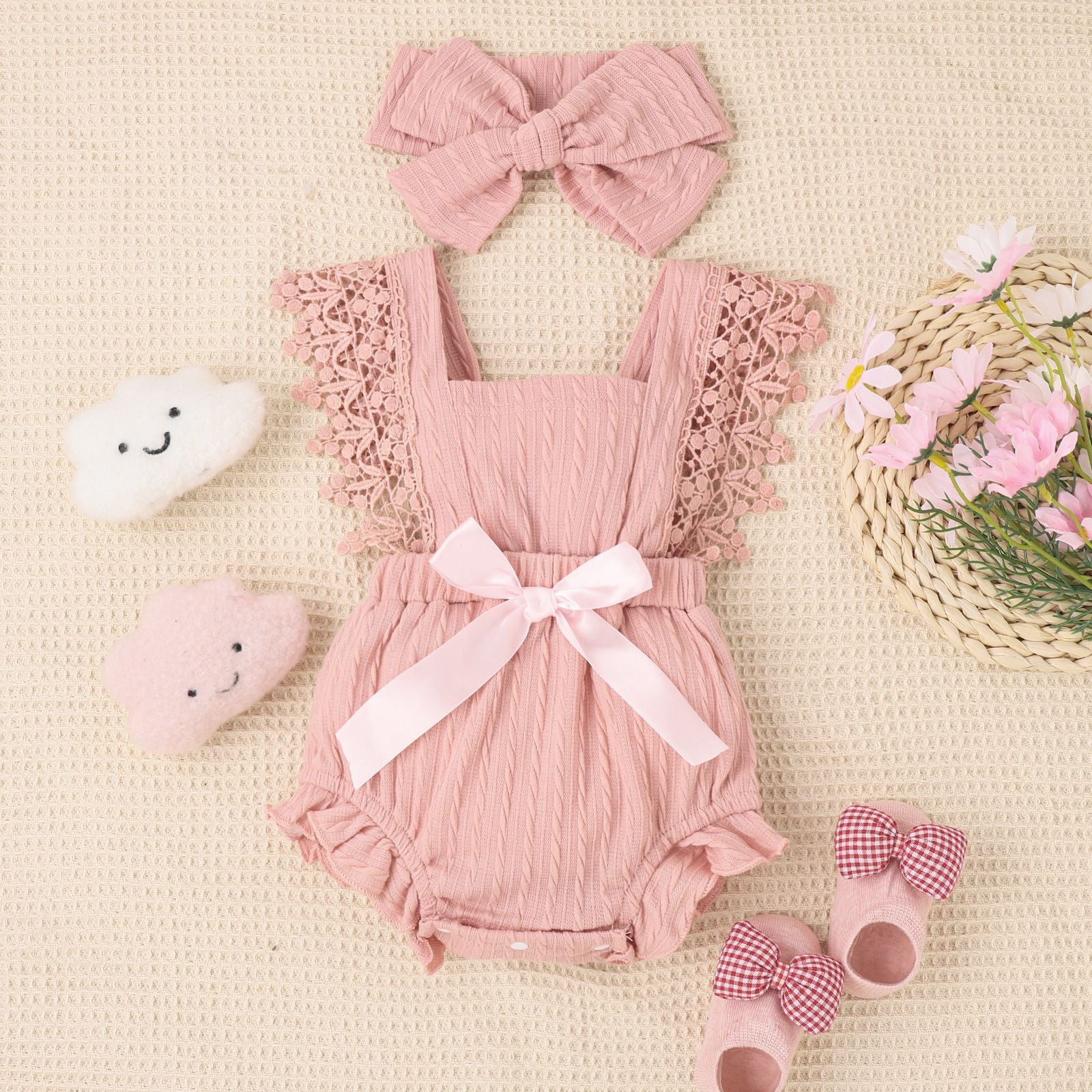 Baby Girl Summer Romper - Sleeveless Cotton with Lace and Bow