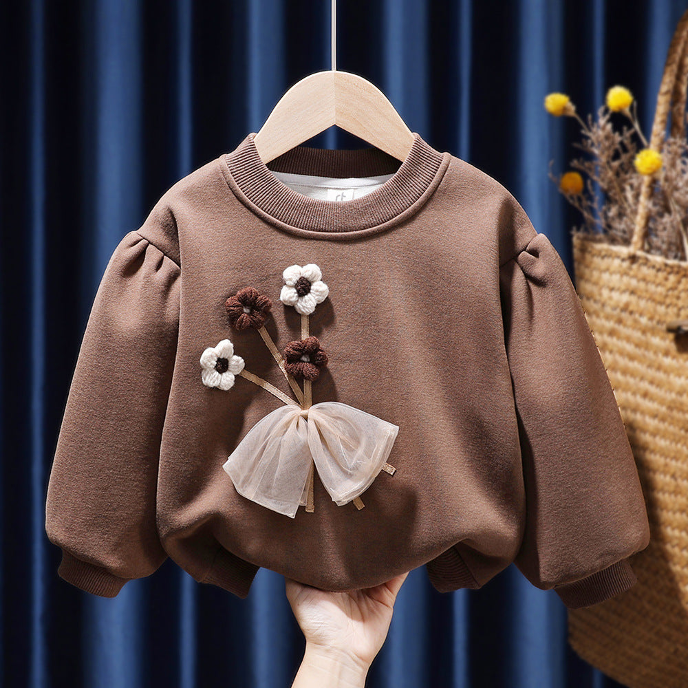 Girls’ Fleece-lined Winter Sweater with 3D Bow & Floral Applique