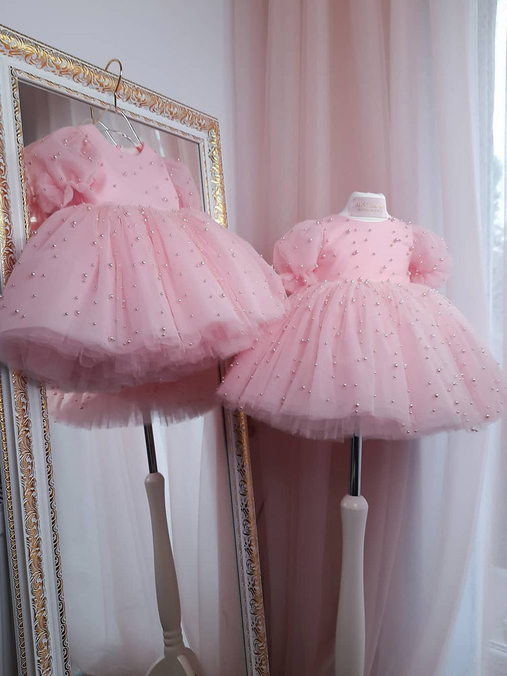 Girls’ Pink Beaded Tulle Princess Dress with Puffy Sleeves