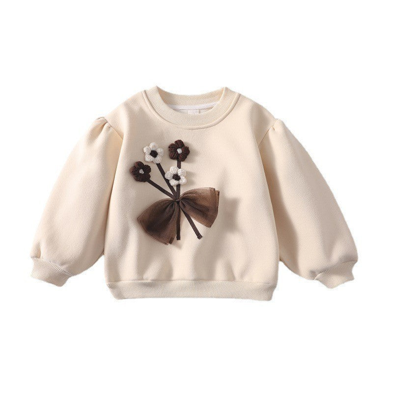 Girls’ Fleece-lined Winter Sweater with 3D Bow & Floral Applique
