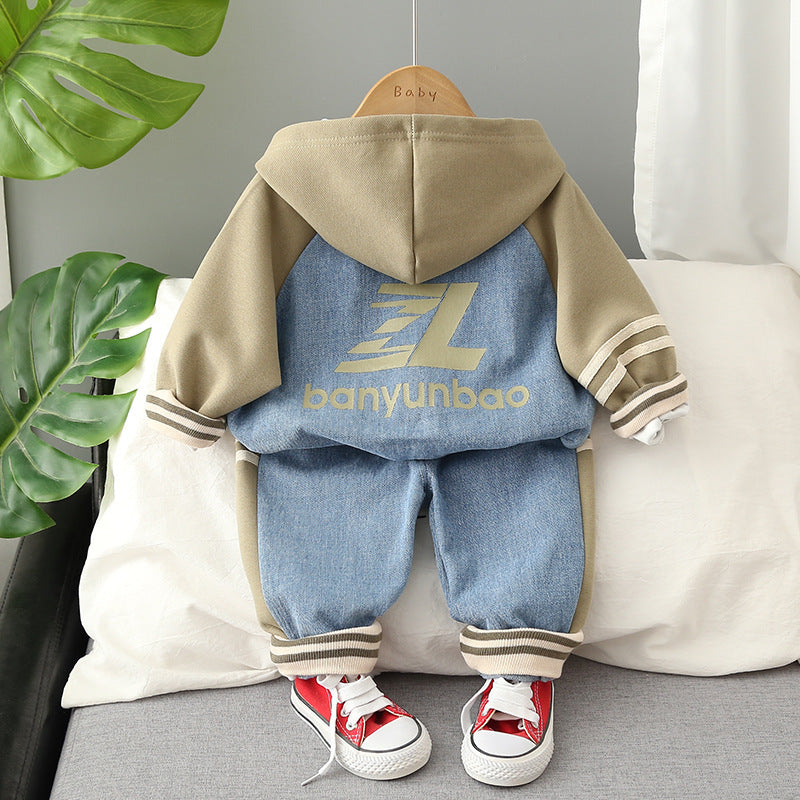 Boys’ Denim & Hoodie Two-Piece Set - Casual Autumn Outfit