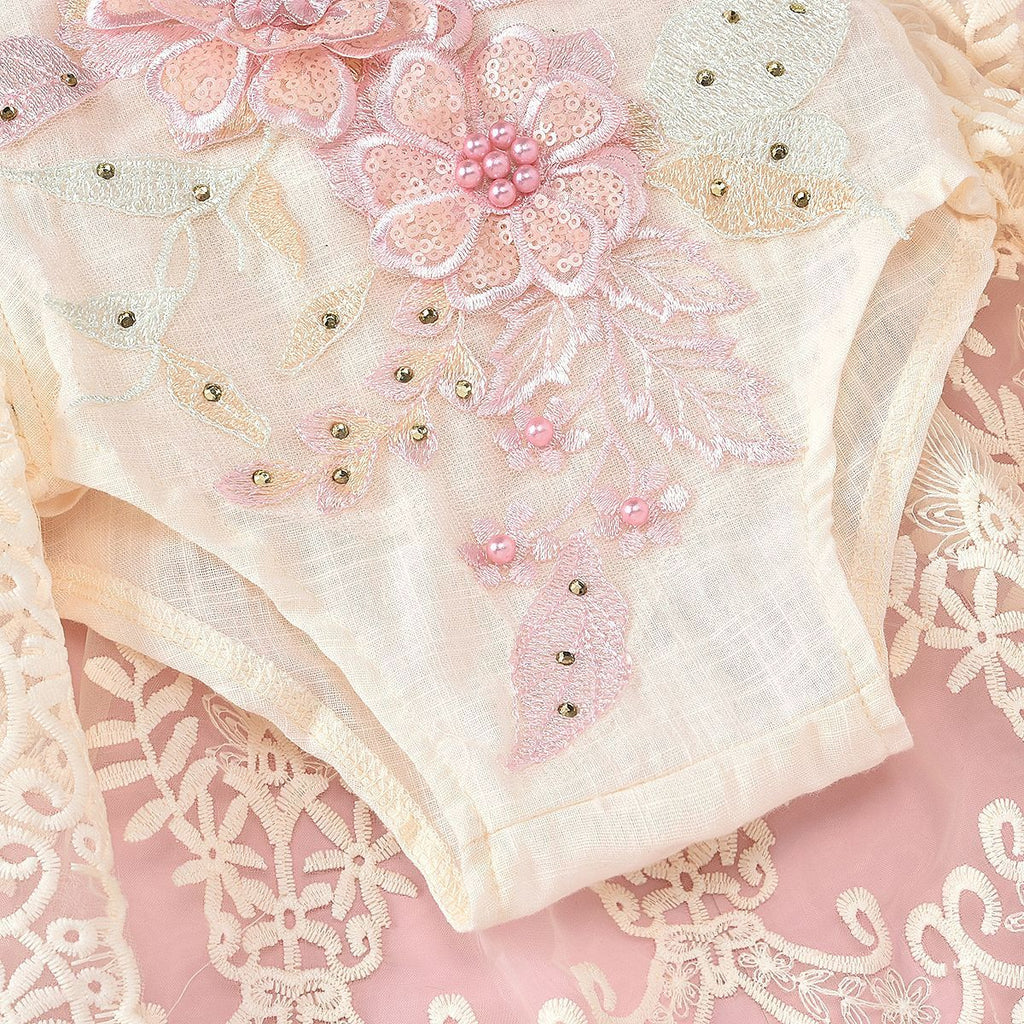 Baby Girl Floral Embroidered Romper with Lace Skirt Overlay