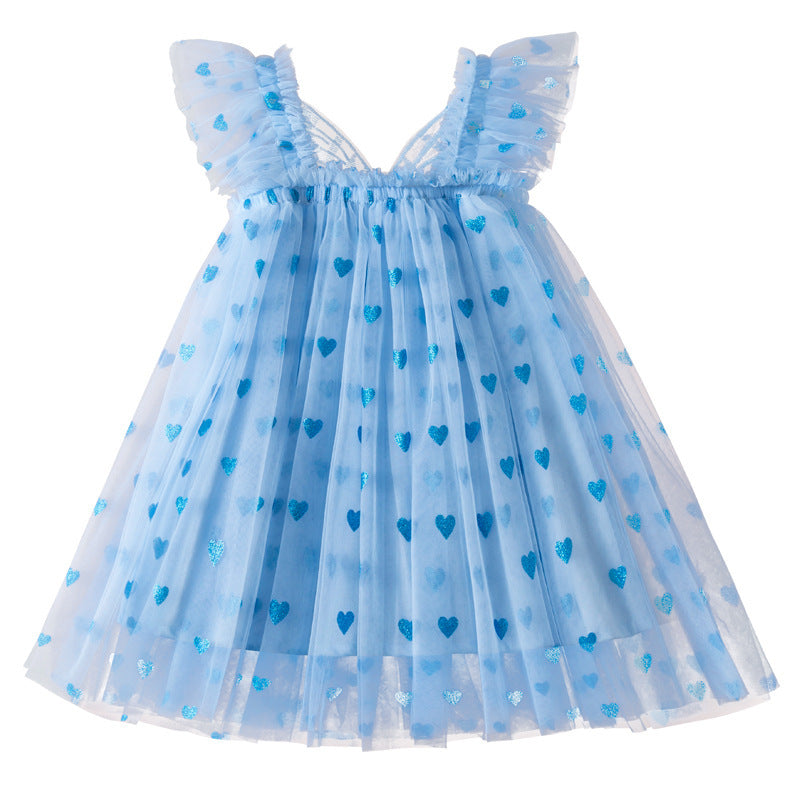 Blue Butterfly Wings Tulle Dress for Girls with Heart Prints
