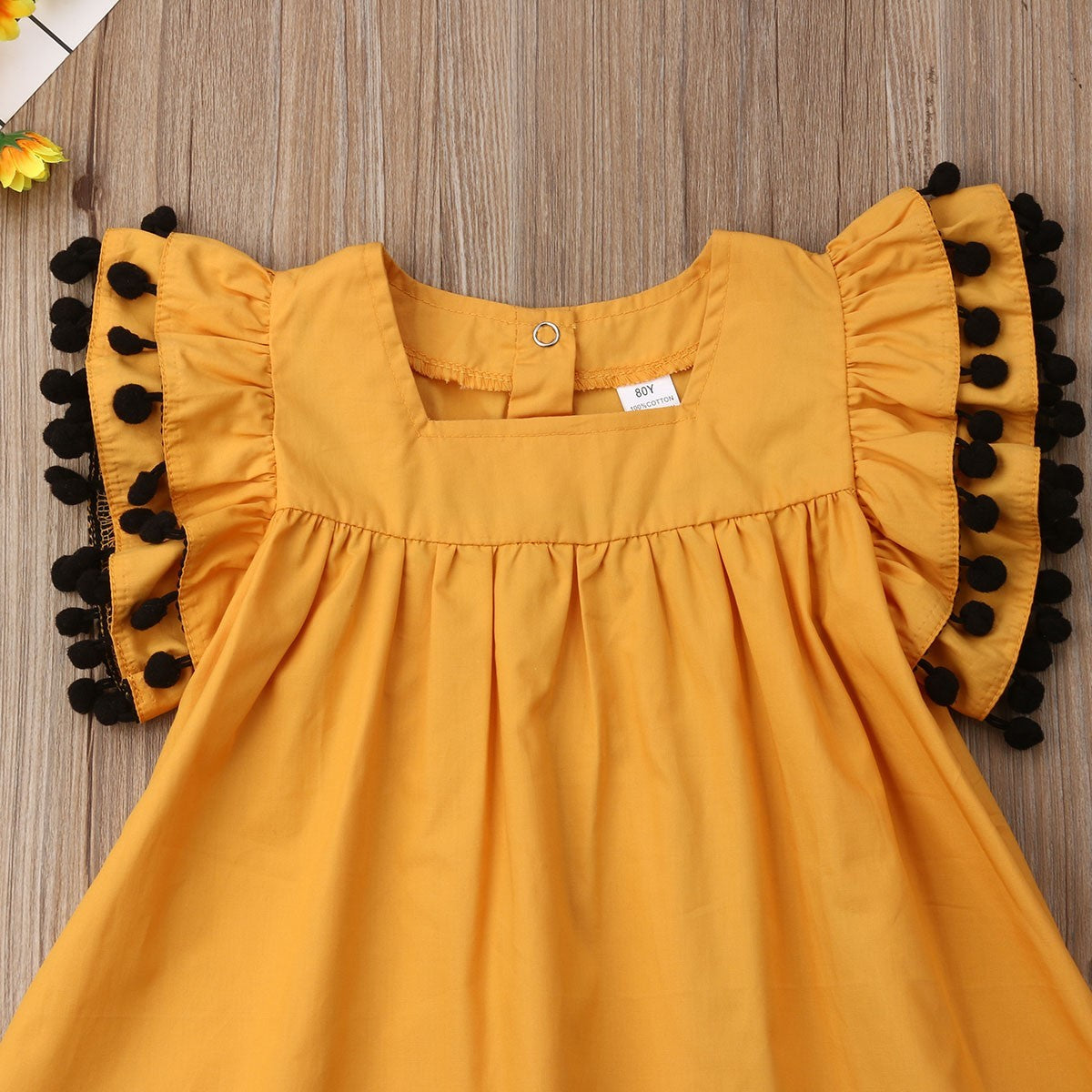 Baby Girl Ruffle Sleeve Cotton Dress with Pom Pom Trim