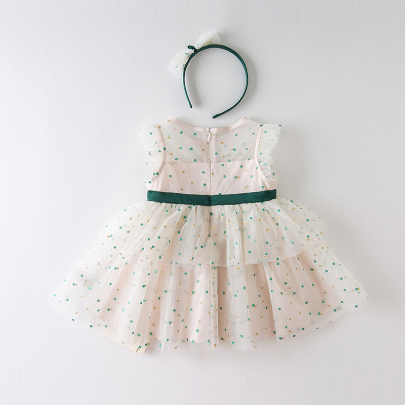 Baby Girl Summer Polka Dot Tulle Dress with Green Bow & Hairband