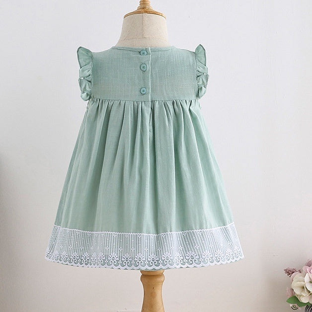 Baby Girl Smocked Cotton Dress with Lace Trim