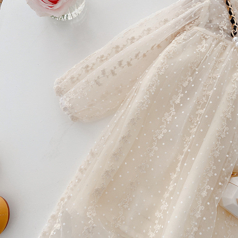 Girls Long Sleeve Lace Tulle Dress - Elegant Party Style