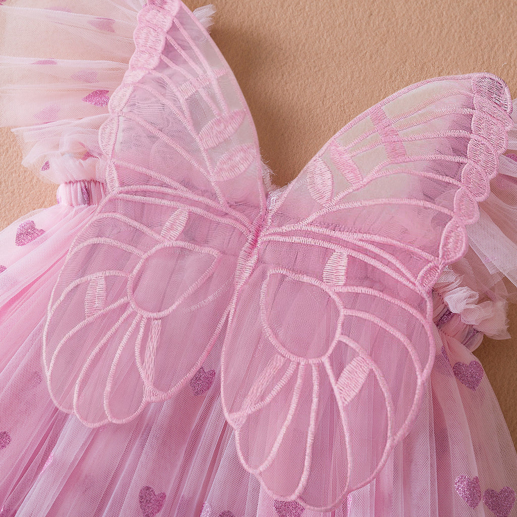 Blue Butterfly Wings Tulle Dress for Girls with Heart Prints