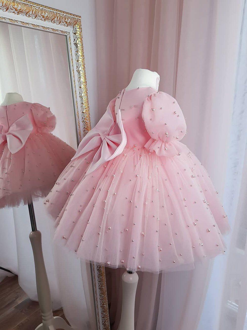Girls’ Pink Beaded Tulle Princess Dress with Puffy Sleeves