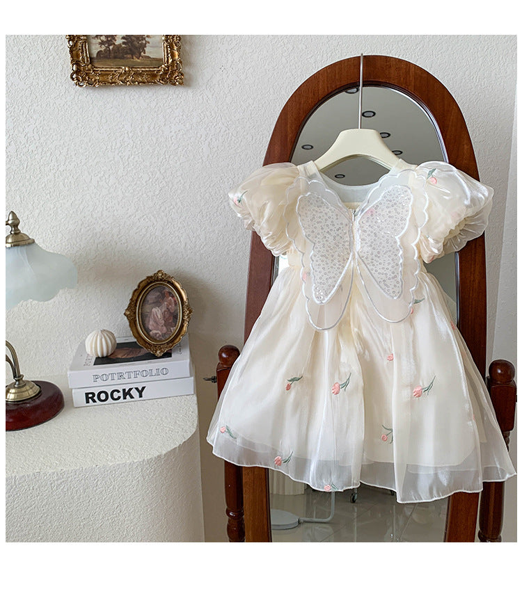 Girls' Sweet Three-dimensional Sequin Wings Embroidered Dress
