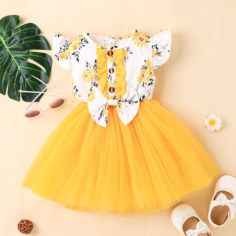 Sunflower Print & Yellow Tulle Dress for Baby Girls