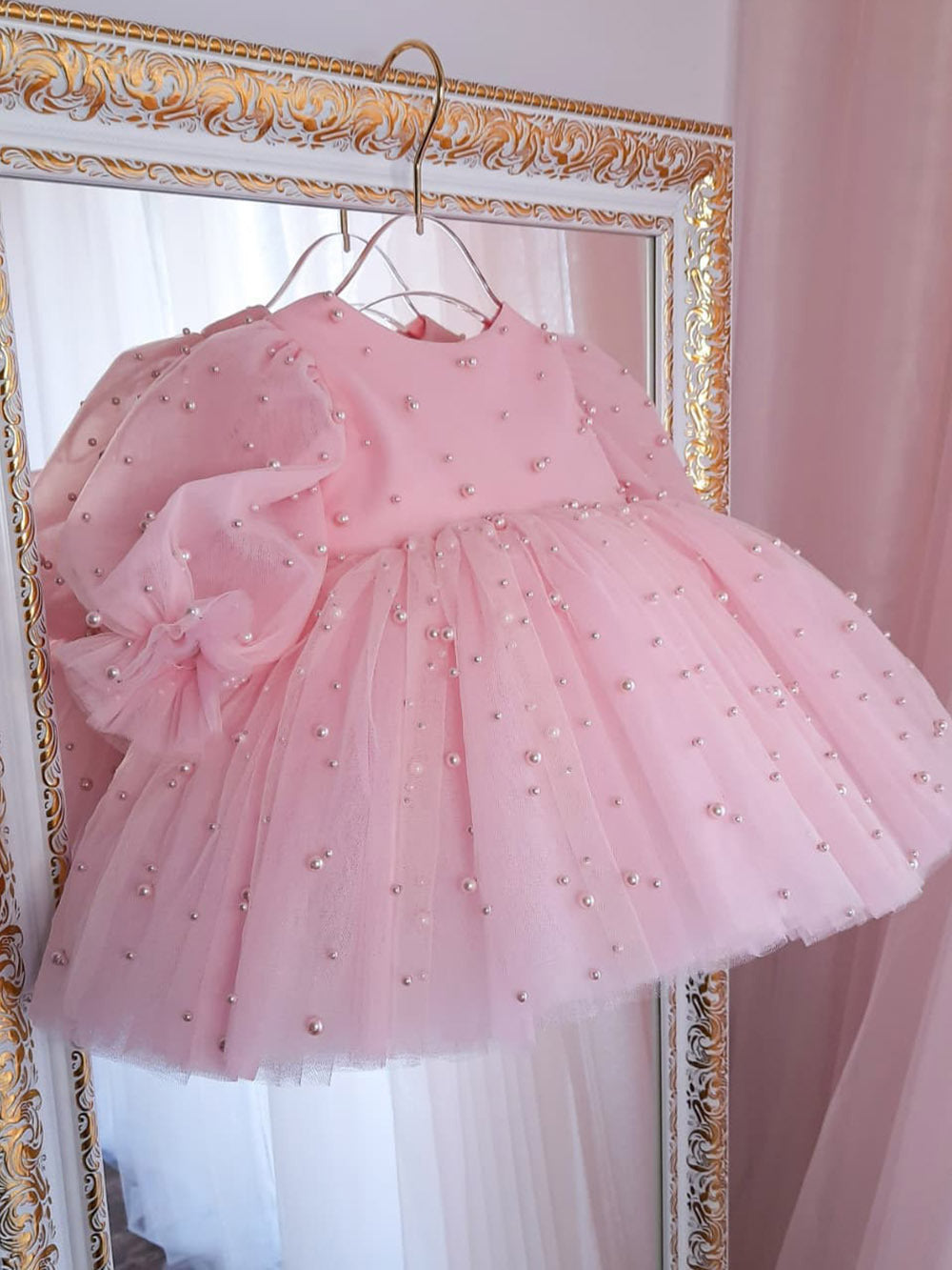 Girls’ Pink Beaded Tulle Princess Dress with Puffy Sleeves