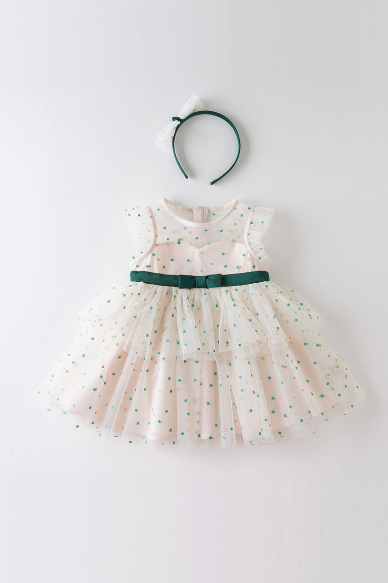 Baby Girl Summer Polka Dot Tulle Dress with Green Bow & Hairband