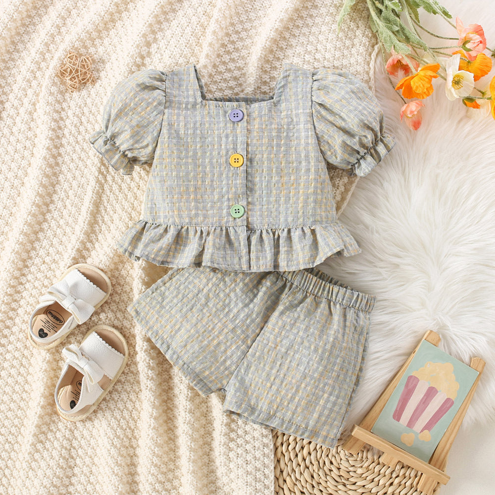 Girls Summer Plaid Top & Shorts Set