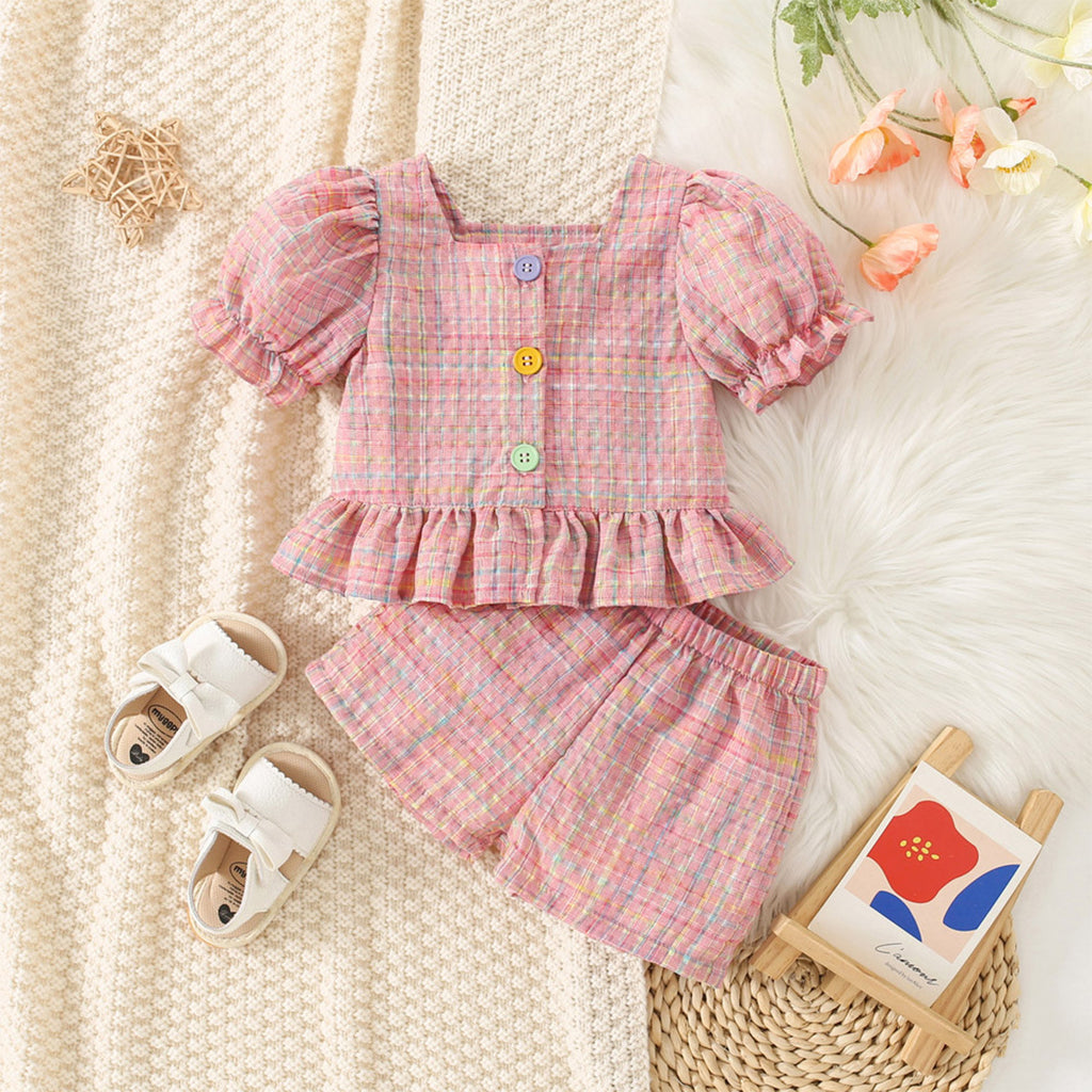 Girls Summer Plaid Top & Shorts Set